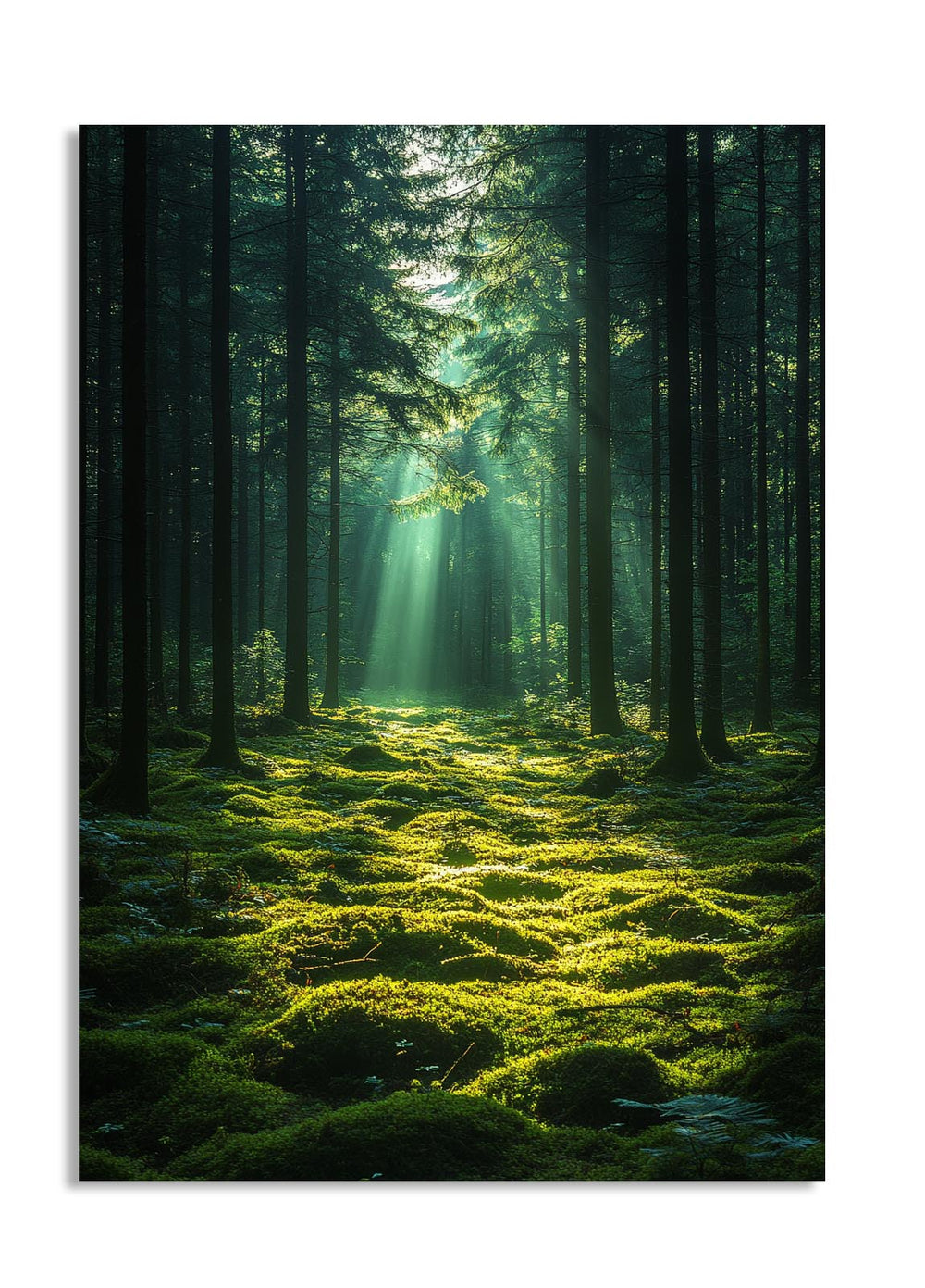 Sunlight filtering through trees in a forest with green moss on the ground, as a premium aluminum metal print from GoMetalPrint.
