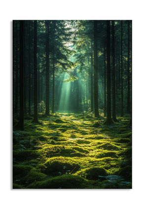 Sunlight filtering through trees in a forest with green moss on the ground, as a premium aluminum metal print from GoMetalPrint.
