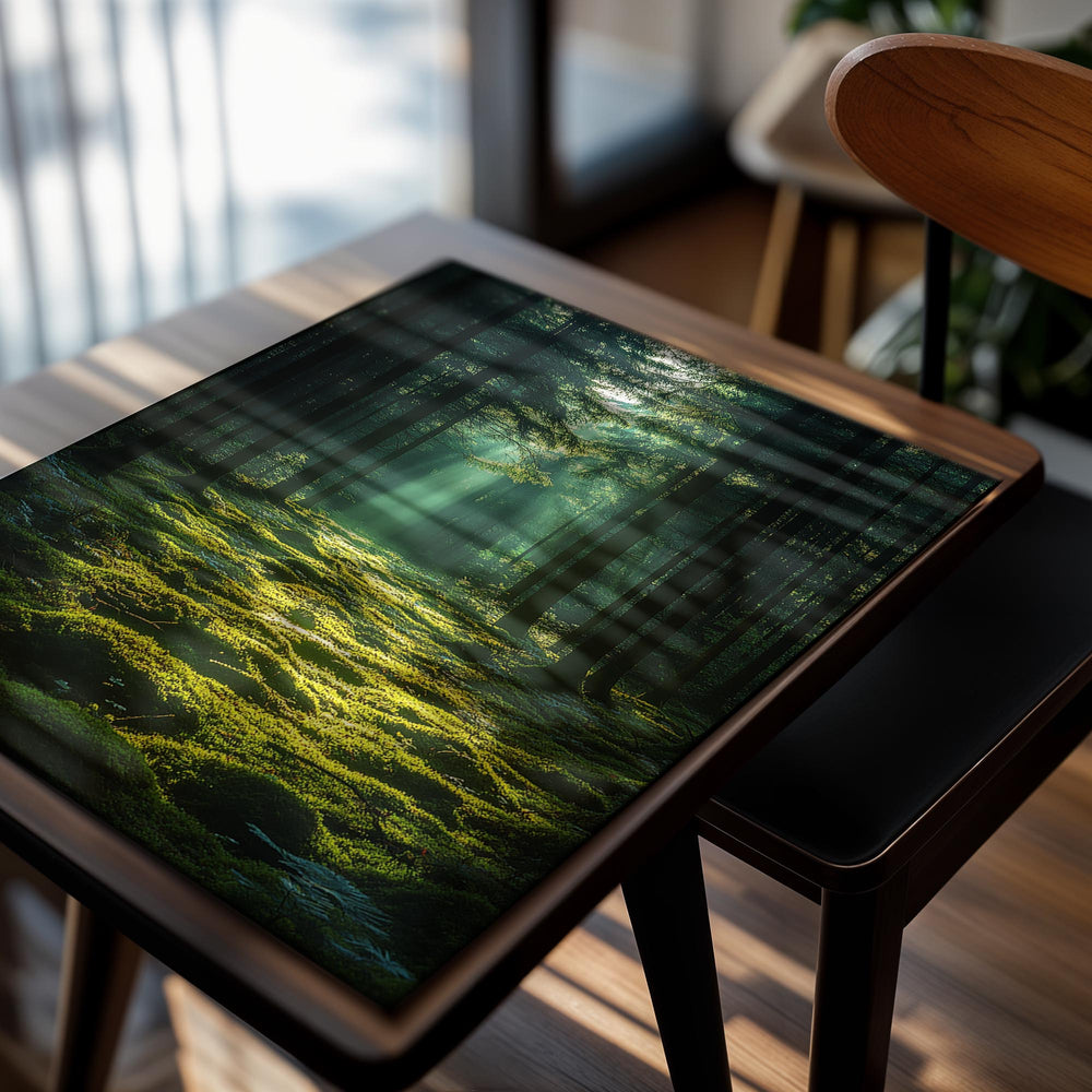 Sunlight filtering through trees in a forest with green moss on the ground, as a premium aluminum metal print from GoMetalPrint.
