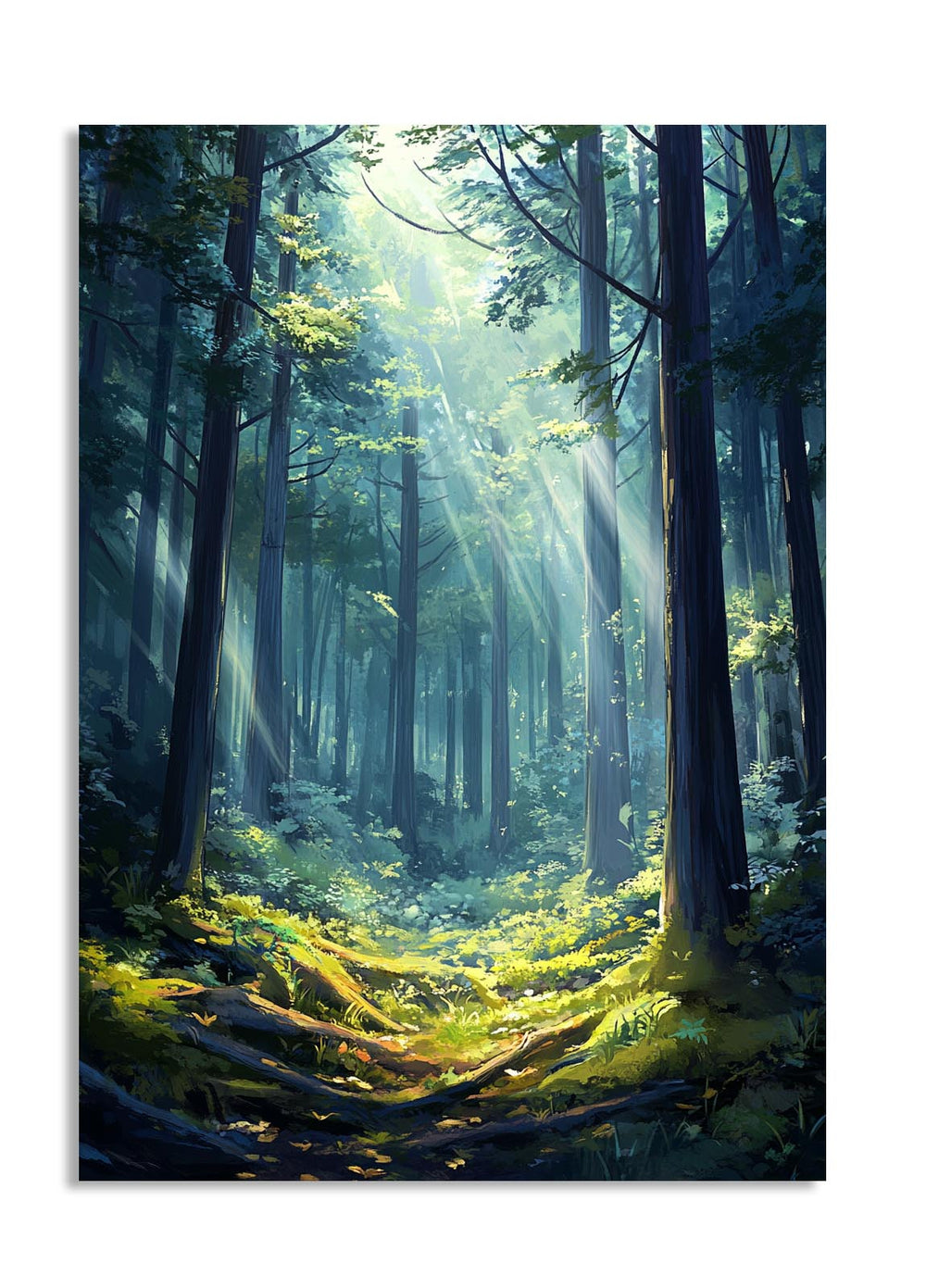 Forest scene with sunlight filtering through trees, as a premium aluminum metal print from GoMetalPrint.
