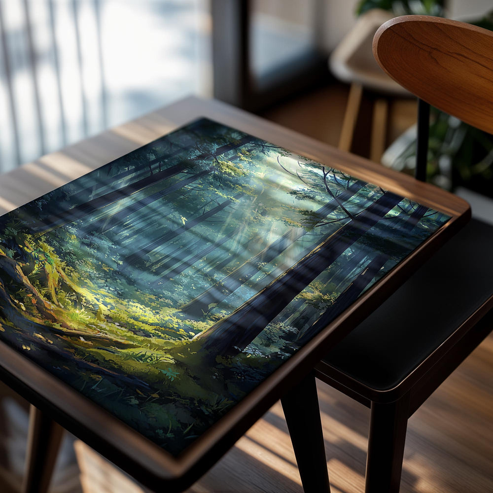 Forest scene with sunlight filtering through trees, as a premium aluminum metal print from GoMetalPrint.
