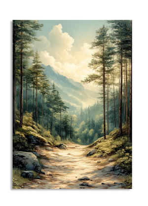 Painting of a forest path with mountains in the background, as a premium aluminum metal print from GoMetalPrint.

