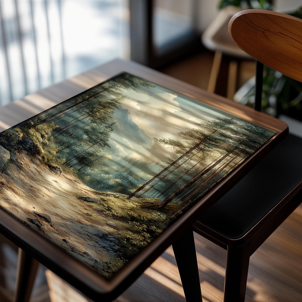 Painting of a forest path with mountains in the background, as a premium aluminum metal print from GoMetalPrint.

