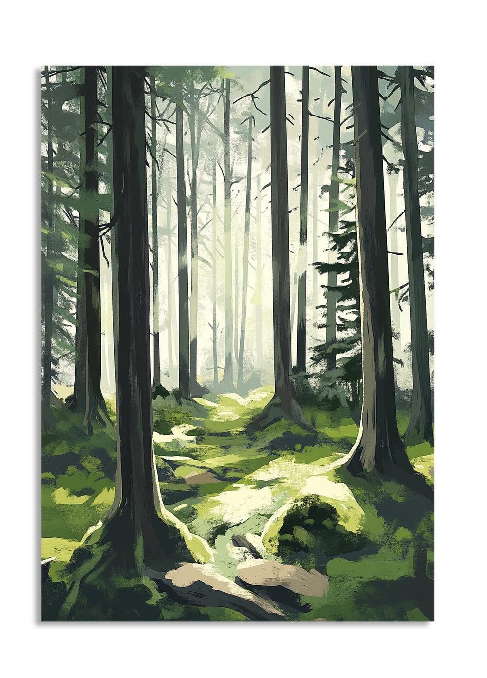 Painting of a forest with tall trees and dappled light on the ground, as a premium aluminum metal print from GoMetalPrint.
