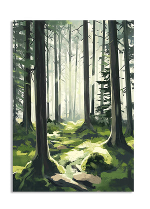 Painting of a forest with tall trees and dappled light on the ground, as a premium aluminum metal print from GoMetalPrint.
