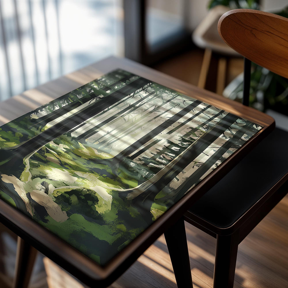 Painting of a forest with tall trees and dappled light on the ground, as a premium aluminum metal print from GoMetalPrint.
