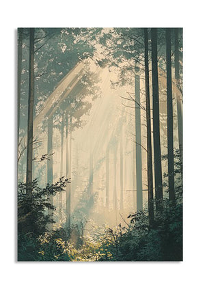 Sunlight filtering through trees in a forest, as a premium aluminum metal print from GoMetalPrint.
