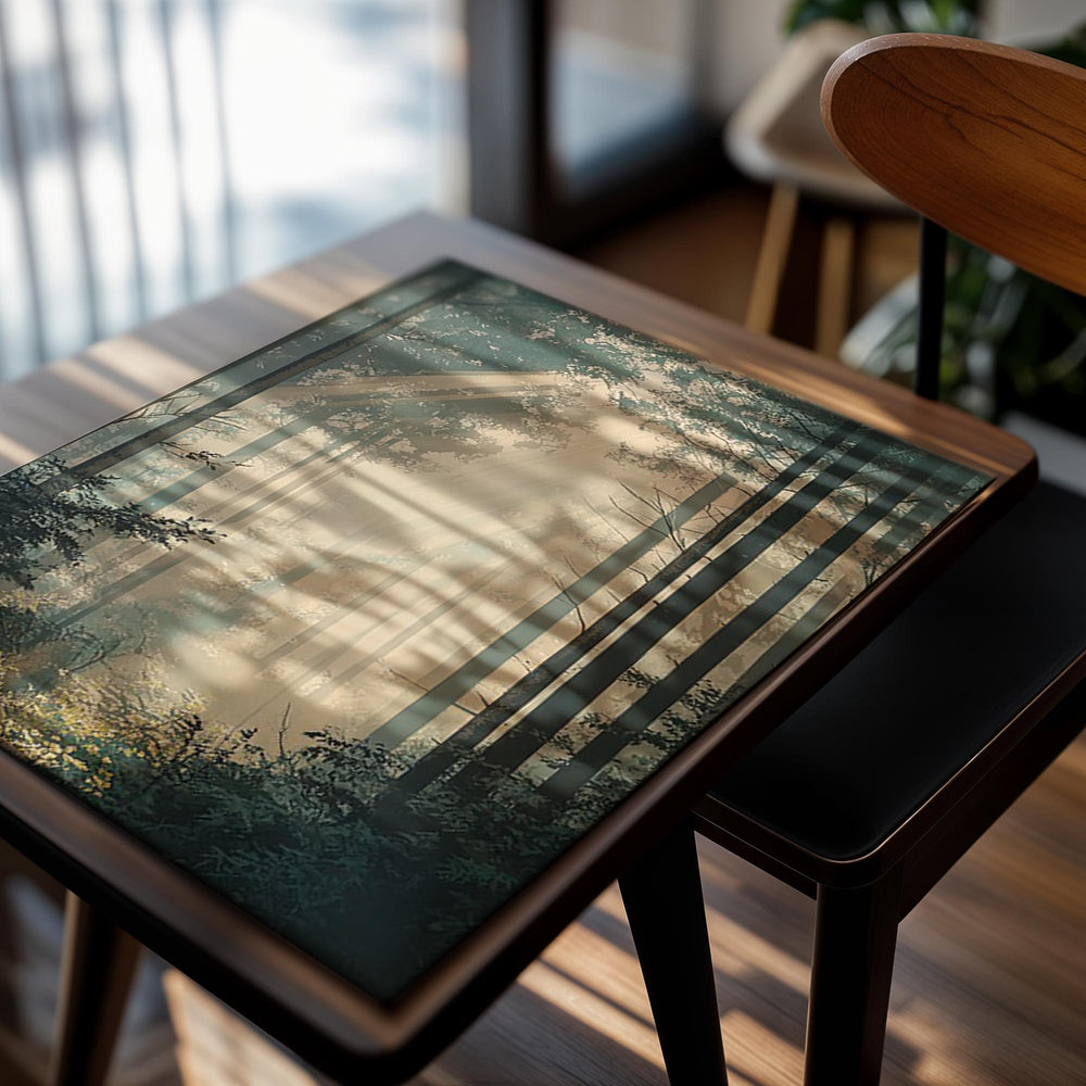 Sunlight filtering through trees in a forest, as a premium aluminum metal print from GoMetalPrint.
