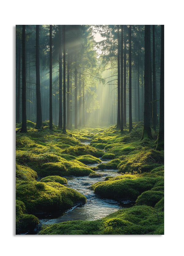 Mossy forest floor with a stream and sunlight filtering through the trees, as a premium aluminum metal print from GoMetalPrint.
