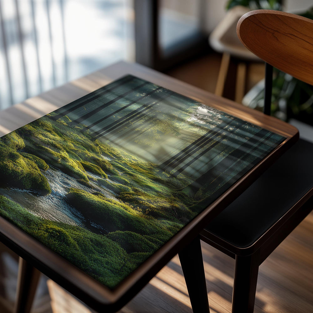 Mossy forest floor with a stream and sunlight filtering through the trees, as a premium aluminum metal print from GoMetalPrint.
