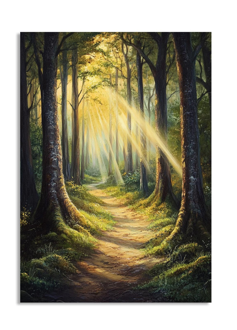 Painting of a forest path with sunlight filtering through the trees, as a premium aluminum metal print from GoMetalPrint.
