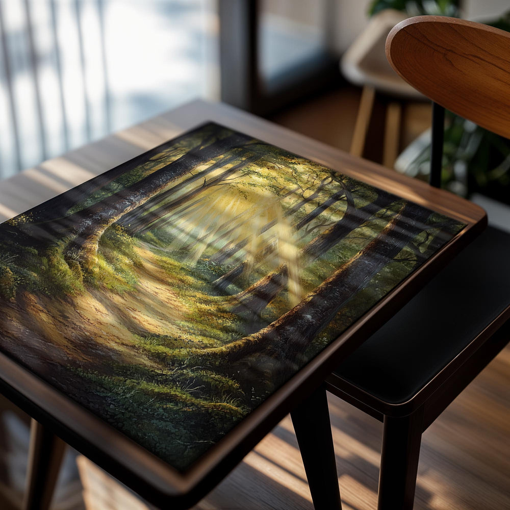 Painting of a forest path with sunlight filtering through the trees, as a premium aluminum metal print from GoMetalPrint.
