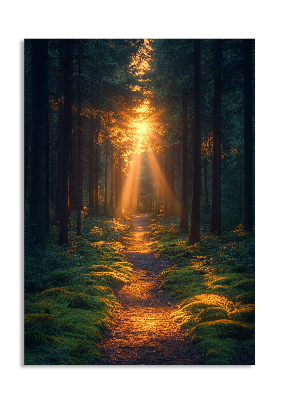 Sunlight filtering through trees in a forest, as a premium aluminum metal print from GoMetalPrint.
