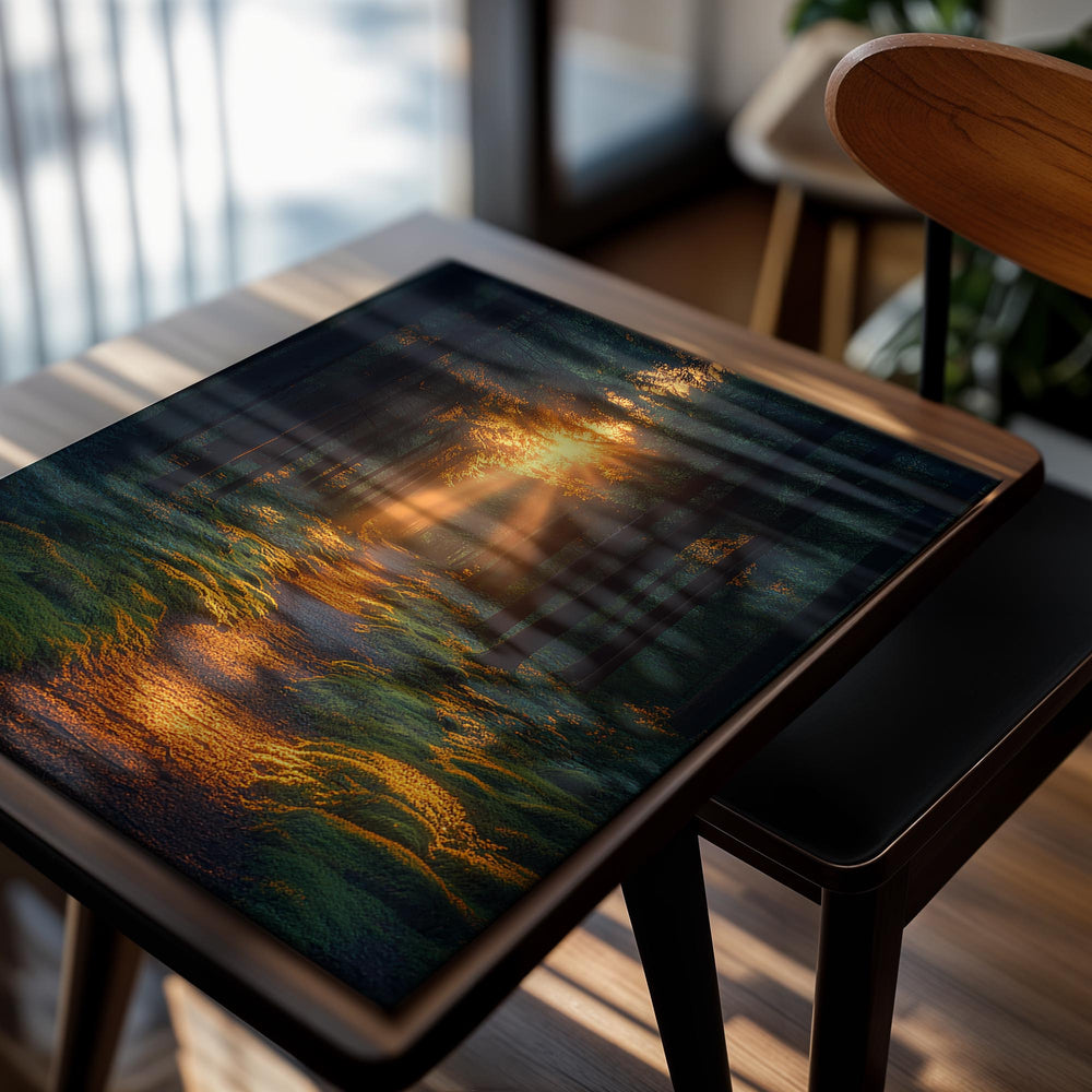 Sunlight filtering through trees in a forest, as a premium aluminum metal print from GoMetalPrint.
