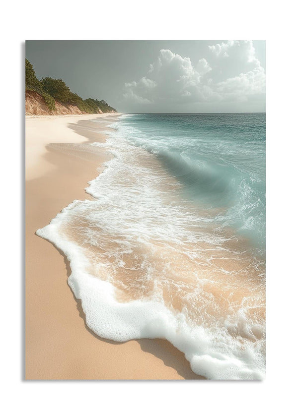 Beach scene with waves crashing onto the shore, as a premium aluminum metal print from GoMetalPrint.
