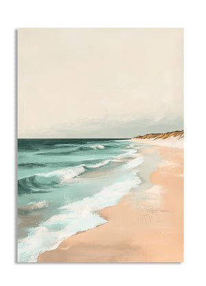 Beach scene with waves and sand on a white background, as a premium aluminum metal print from GoMetalPrint.
