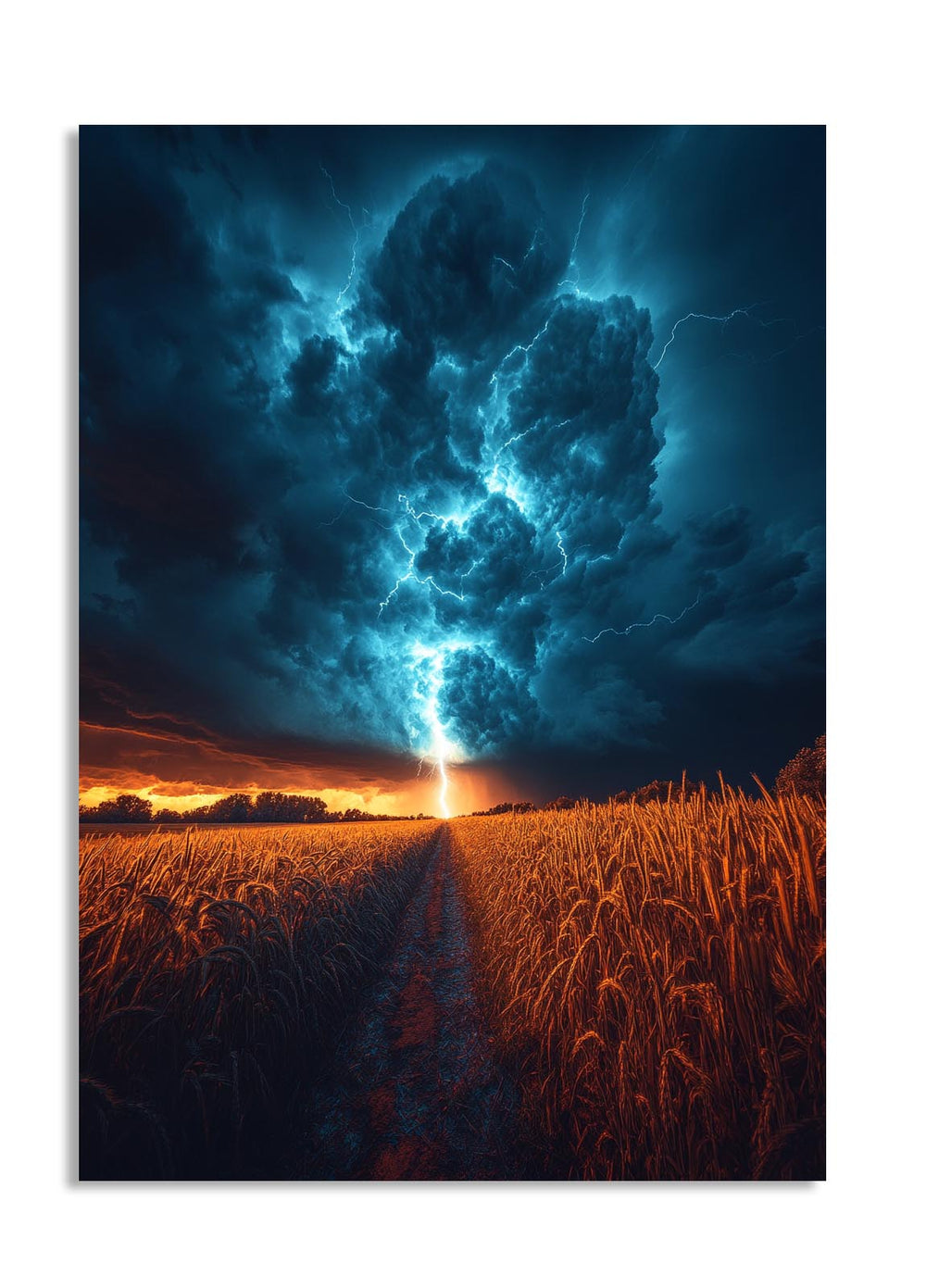 Thunderstorm over a field with a bright lightning bolt, as a premium aluminum metal print from GoMetalPrint.
