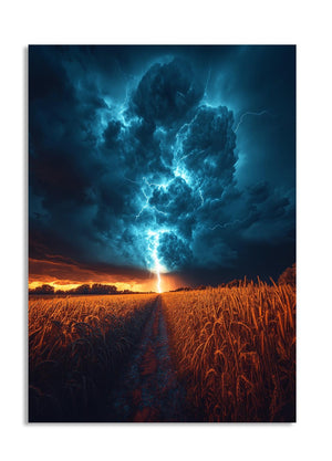 Thunderstorm over a field with a bright lightning bolt, as a premium aluminum metal print from GoMetalPrint.
