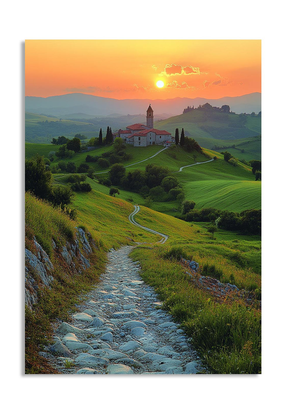 Sunset over a village with a stone path in Tuscany, as a premium aluminum metal print from GoMetalPrint.
