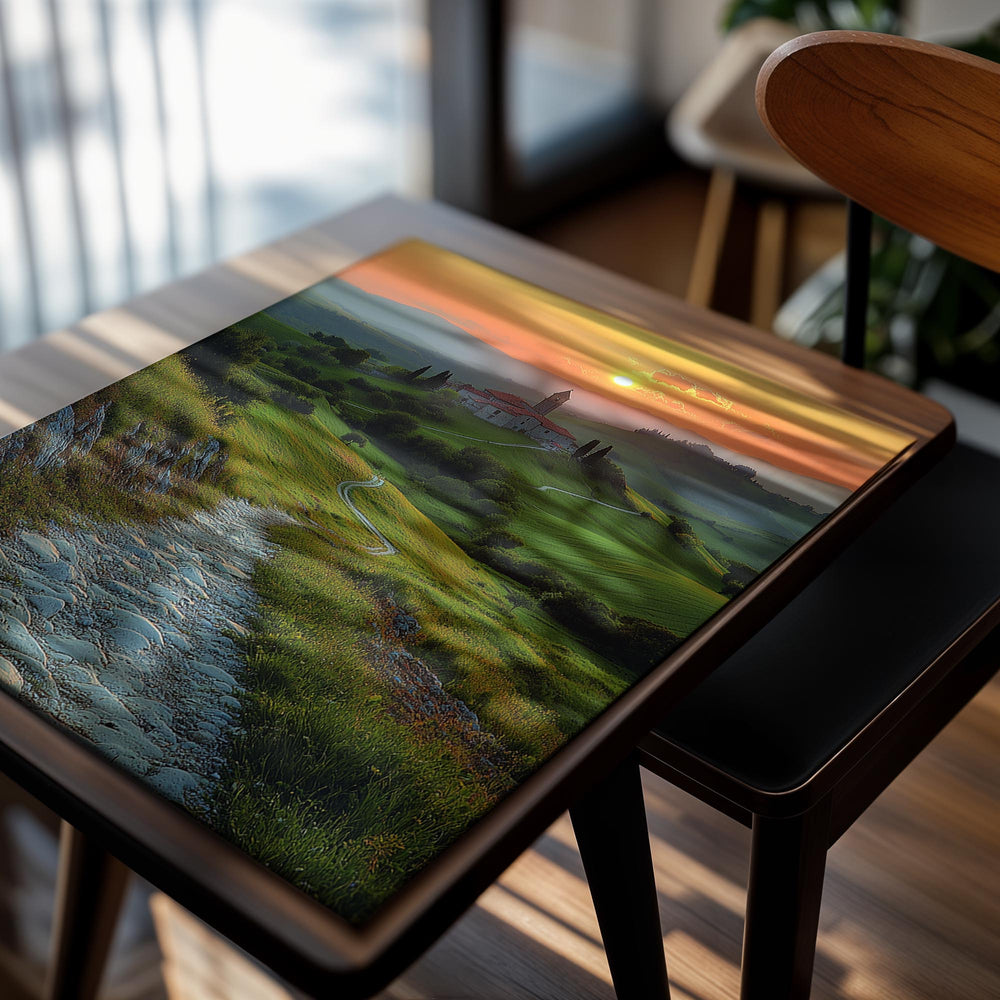 Sunset over a village with a stone path in Tuscany, as a premium aluminum metal print from GoMetalPrint.
