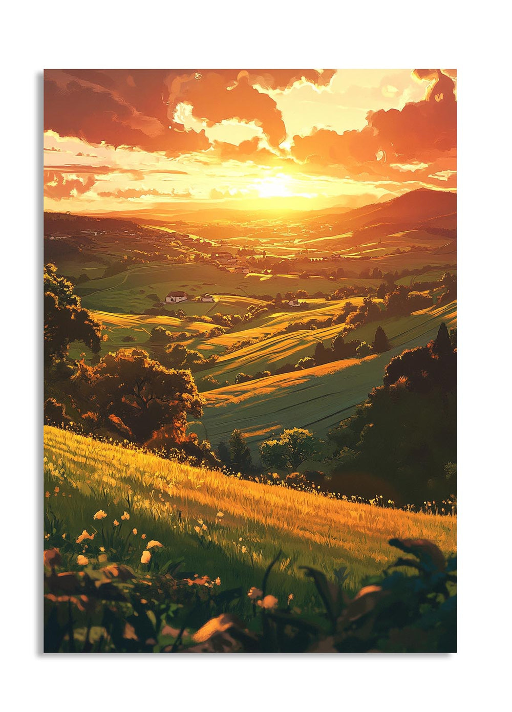 Sunset over a landscape with rolling hills and fields, as a premium aluminum metal print from GoMetalPrint.
