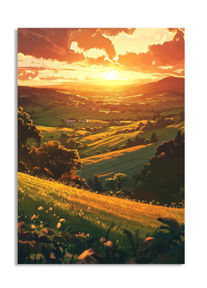 Sunset over a landscape with rolling hills and fields, as a premium aluminum metal print from GoMetalPrint.
