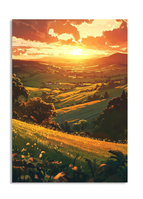 Sunset over a landscape with rolling hills and fields, as a premium aluminum metal print from GoMetalPrint.
