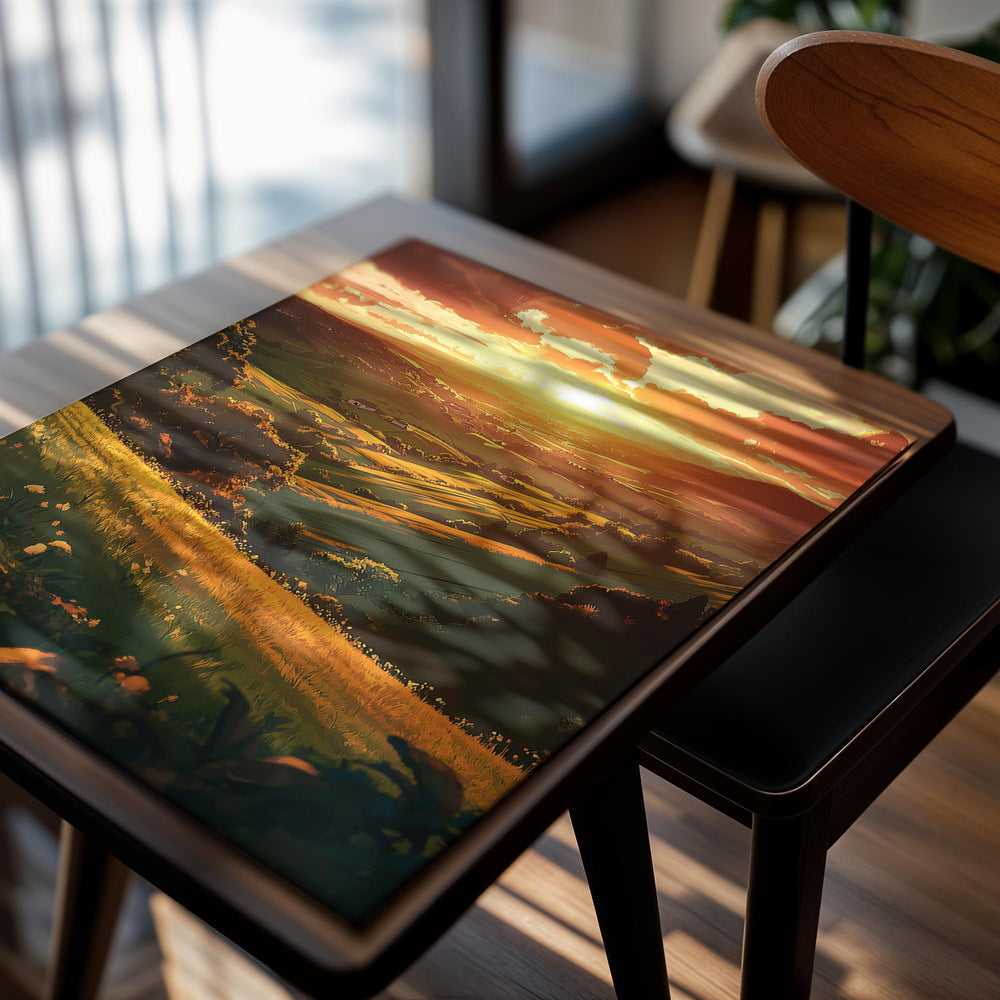 Sunset over a landscape with rolling hills and fields, as a premium aluminum metal print from GoMetalPrint.
