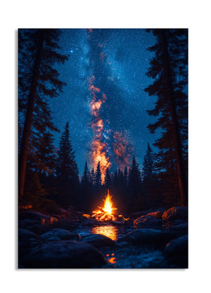 Campfire in a forest with a starry night sky and the Milky Way, as a premium aluminum metal print from GoMetalPrint.
