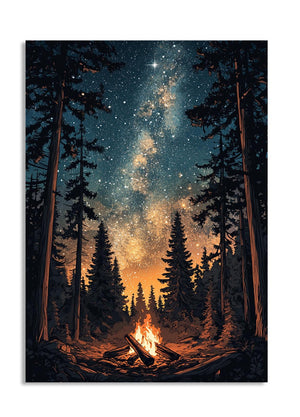 Forest scene with a campfire and starry night sky, as a premium aluminum metal print from GoMetalPrint.
