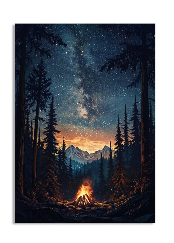 Campfire in a forest with stars and mountains in the background, as a premium aluminum metal print from GoMetalPrint.
