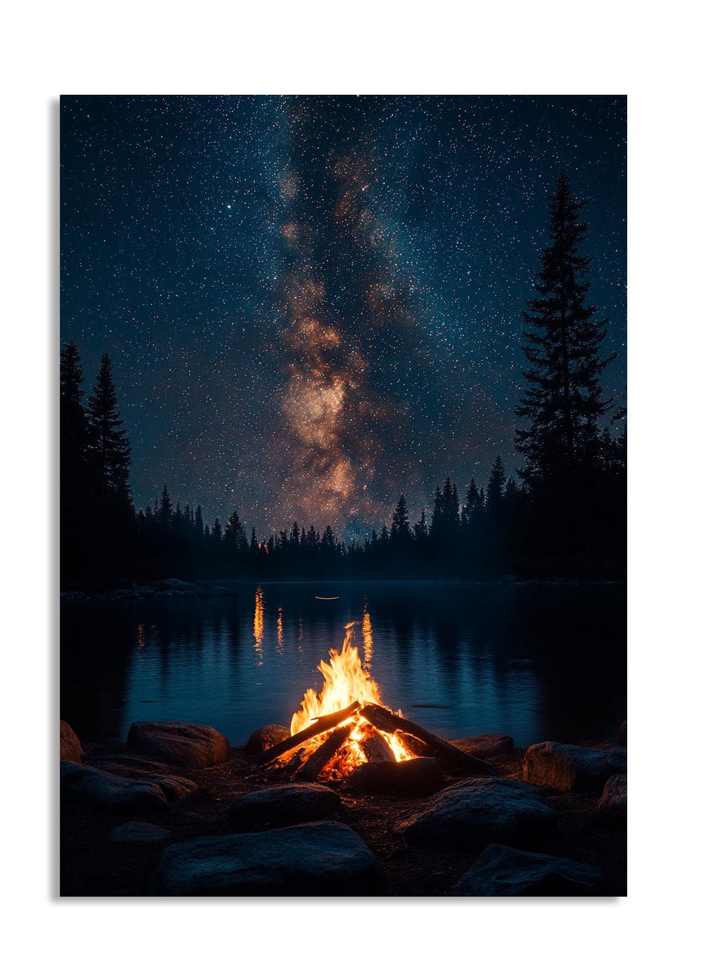 Campfire by a lake with a starry night sky and Milky Way galaxy, as a premium aluminum metal print from GoMetalPrint.
