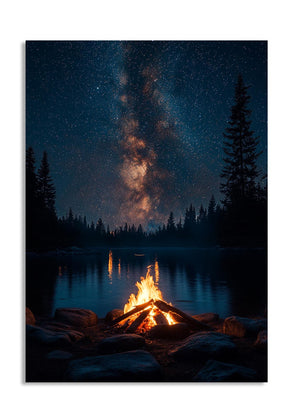 Campfire by a lake with a starry night sky and Milky Way galaxy, as a premium aluminum metal print from GoMetalPrint.
