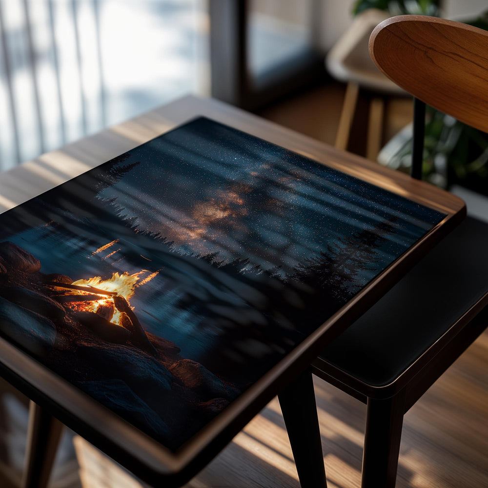 Campfire by a lake with a starry night sky and Milky Way galaxy, as a premium aluminum metal print from GoMetalPrint.
