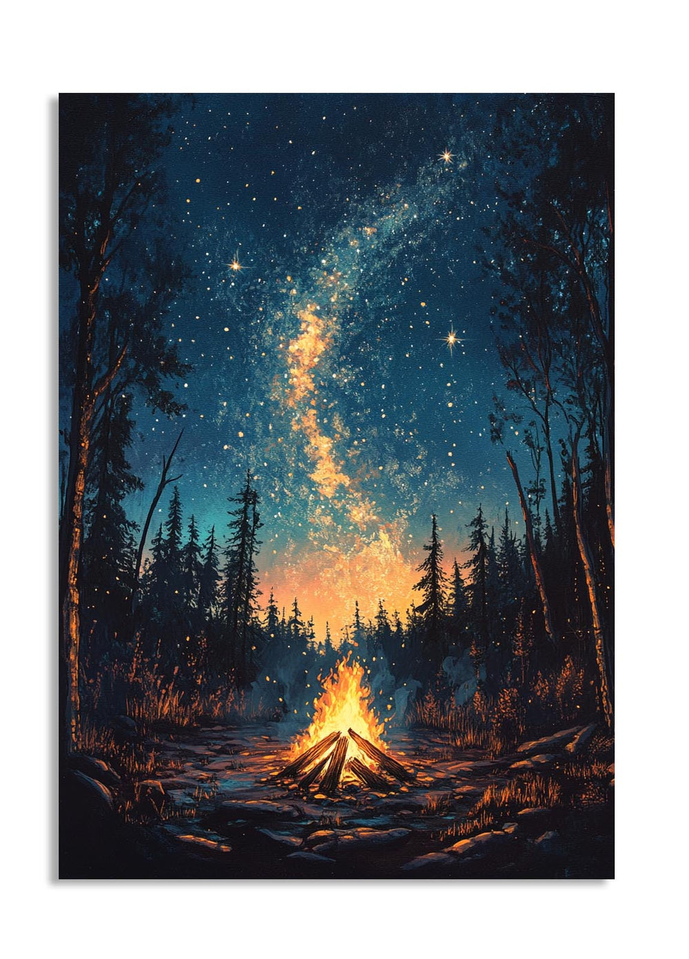 Campfire in a forest with a starry night sky and Milky Way galaxy, as a premium aluminum metal print from GoMetalPrint.
