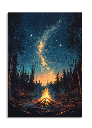 Campfire in a forest with a starry night sky and Milky Way galaxy, as a premium aluminum metal print from GoMetalPrint.
