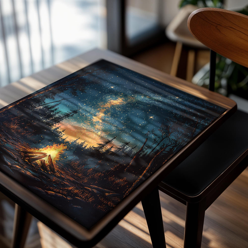 Campfire in a forest with a starry night sky and Milky Way galaxy, as a premium aluminum metal print from GoMetalPrint.
