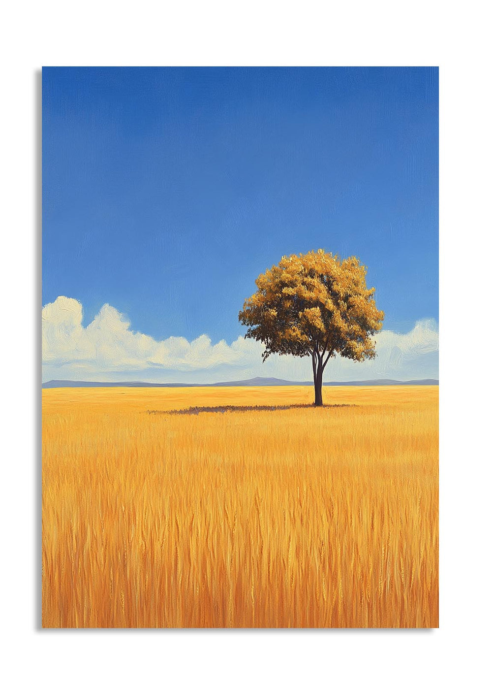 Single tree in a field of golden grass under a blue sky with a few clouds, as a premium aluminum metal print from GoMetalPrint.
