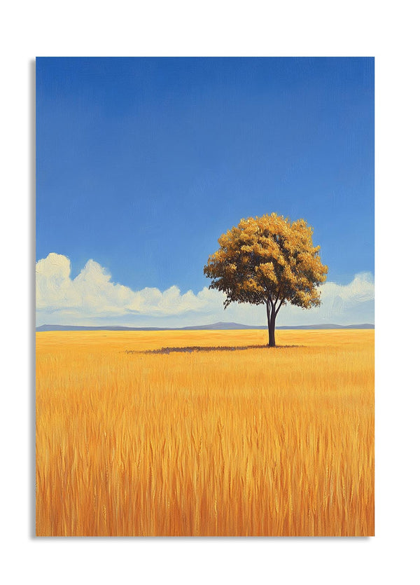 Single tree in a field of golden grass under a blue sky with a few clouds, as a premium aluminum metal print from GoMetalPrint.
