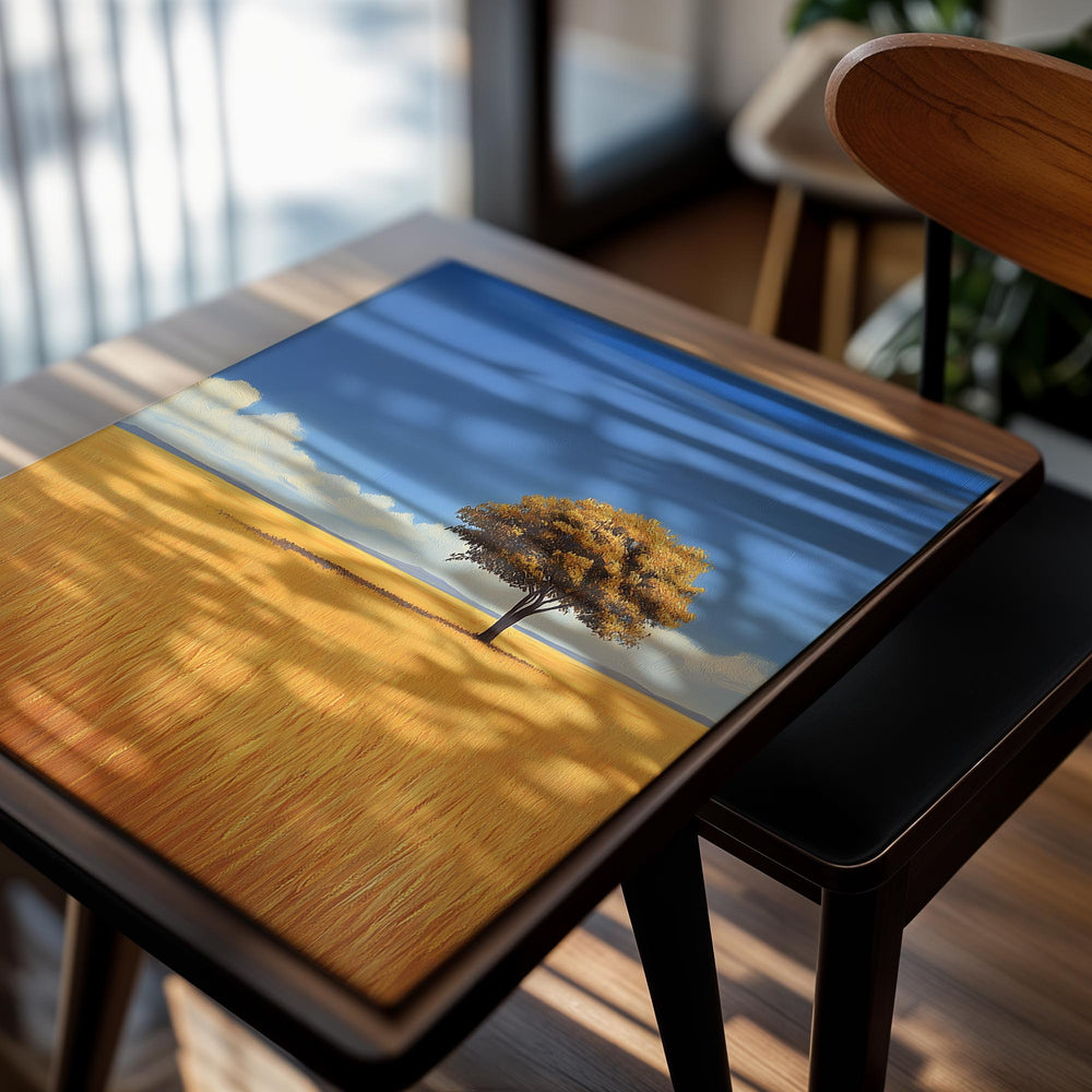 Single tree in a field of golden grass under a blue sky with a few clouds, as a premium aluminum metal print from GoMetalPrint.

