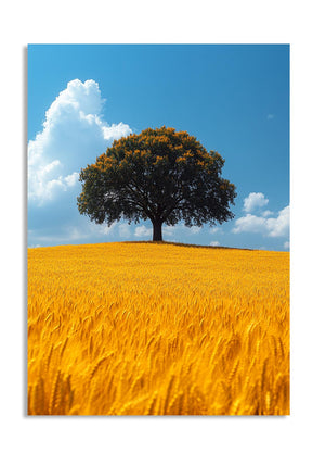 Tree on a yellow field with blue sky and clouds, as a premium aluminum metal print from GoMetalPrint.
