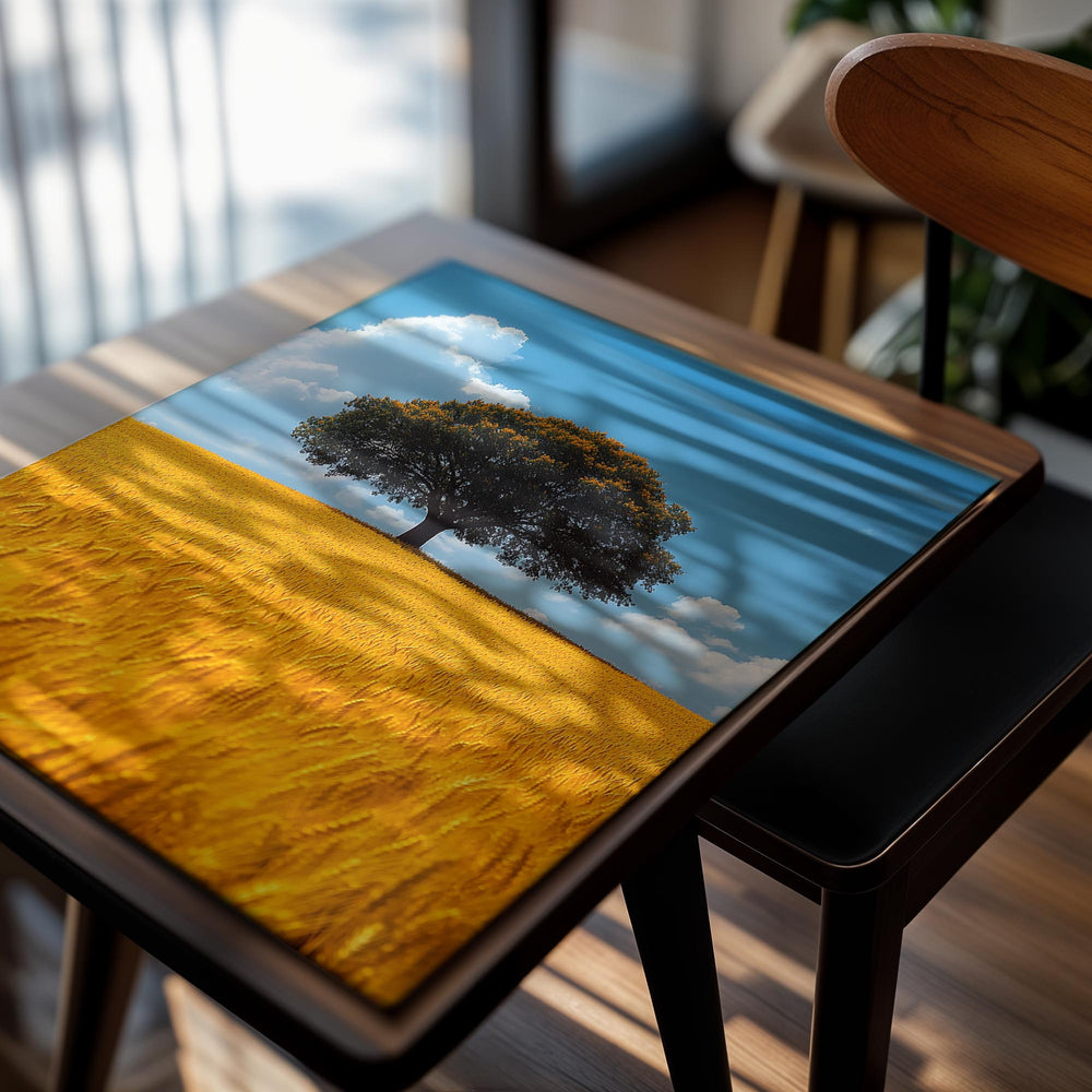 Tree on a yellow field with blue sky and clouds, as a premium aluminum metal print from GoMetalPrint.
