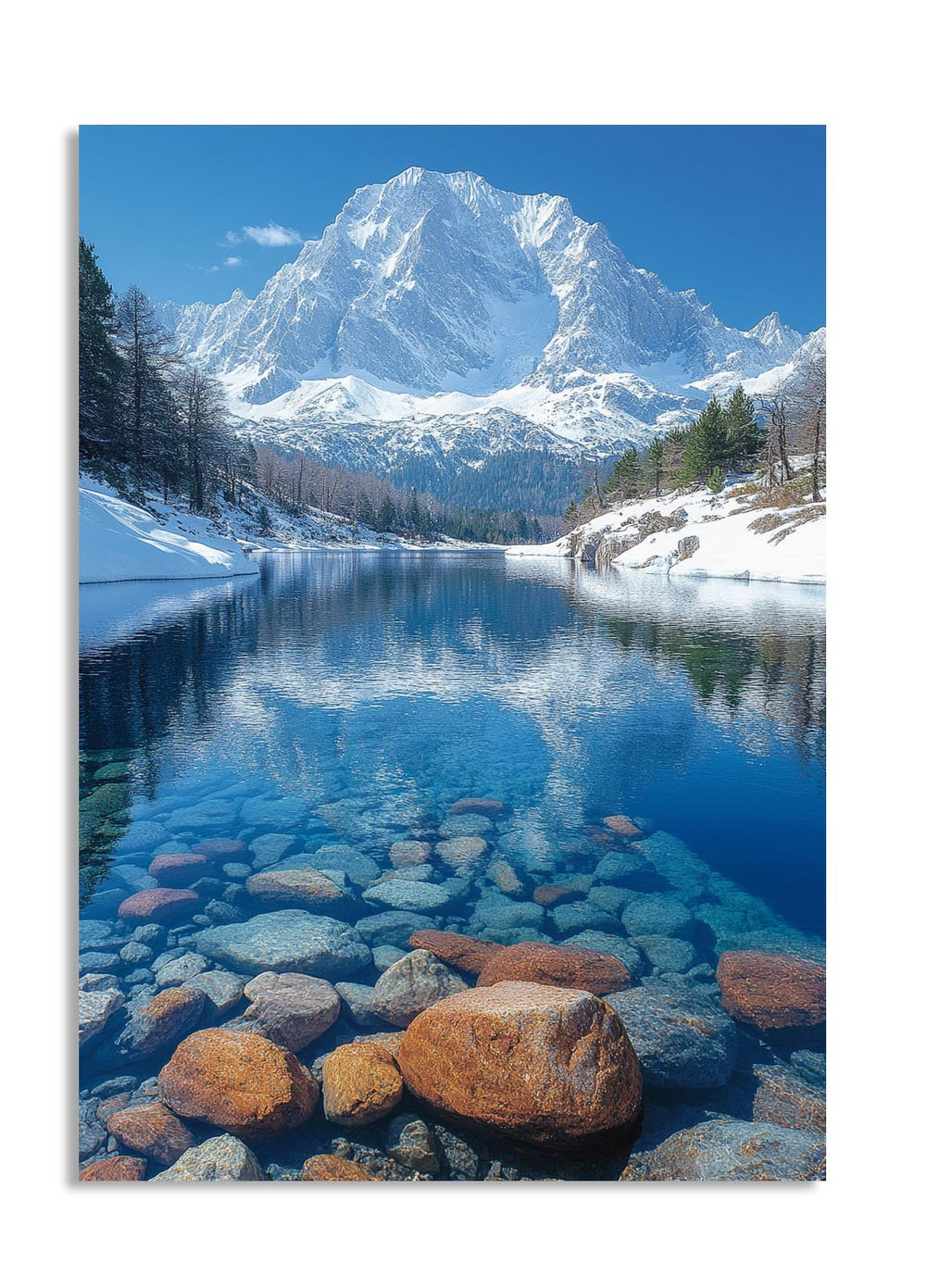 Mountain lake with snow-capped peak and clear water, as a premium aluminum metal print from GoMetalPrint.
