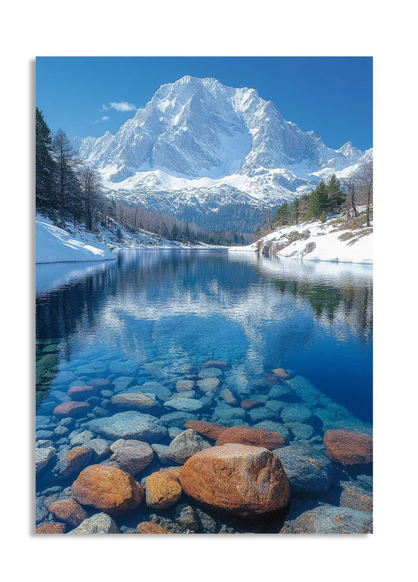 Mountain lake with snow-capped peak and clear water, as a premium aluminum metal print from GoMetalPrint.
