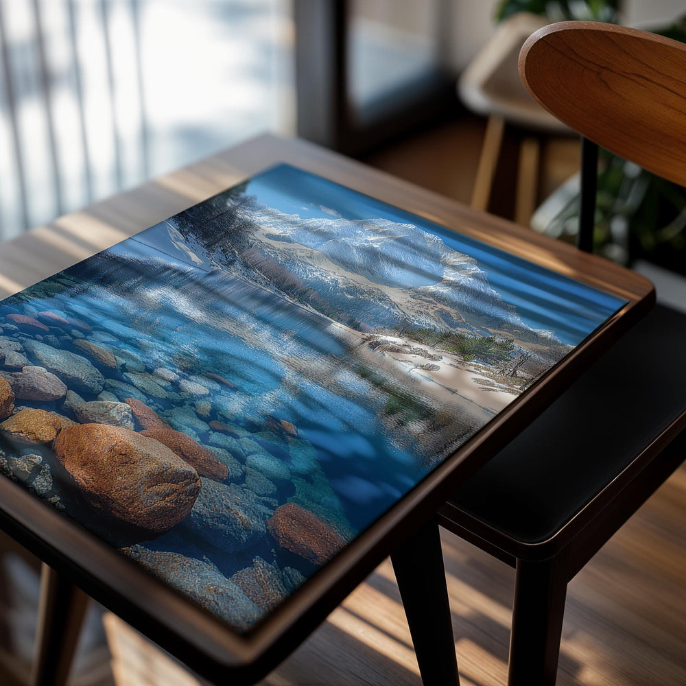 Mountain lake with snow-capped peak and clear water, as a premium aluminum metal print from GoMetalPrint.
