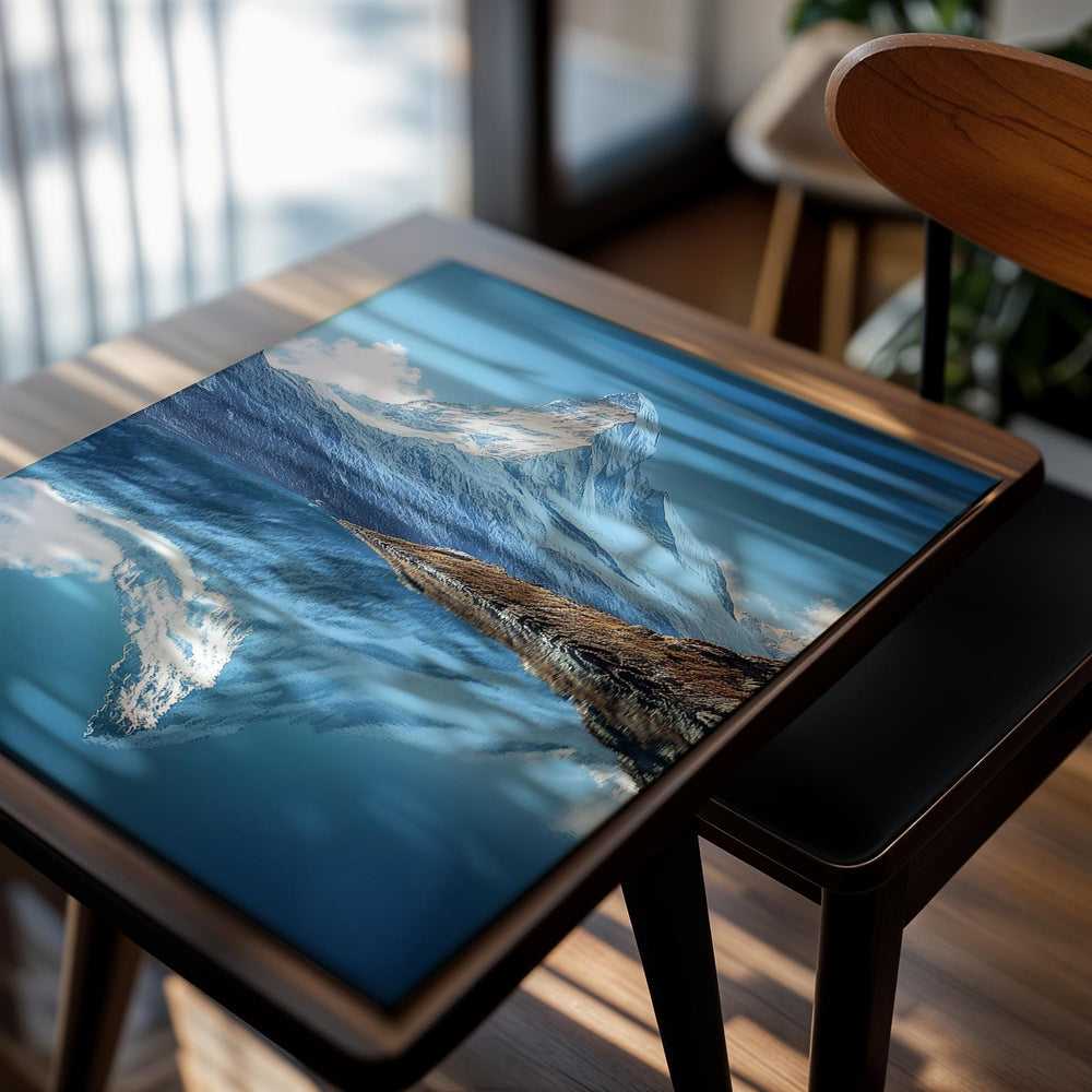 Snow-capped mountain reflected in a calm lake with a clear blue sky, as a premium aluminum metal print from GoMetalPrint.
