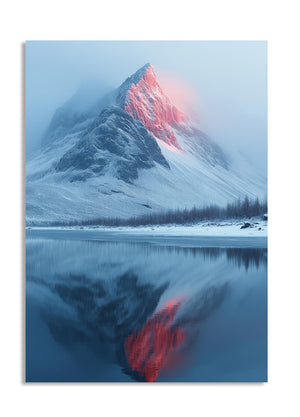 Mountain with a red light reflection in a lake, as a premium aluminum metal print from GoMetalPrint.
