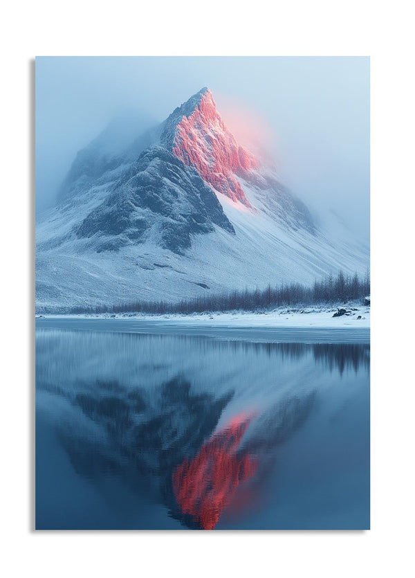 Mountain with a red light reflection in a lake, as a premium aluminum metal print from GoMetalPrint.
