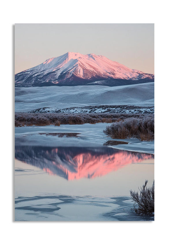 Mountain reflected in a body of water with a pink and blue sky, as a premium aluminum metal print from GoMetalPrint.
