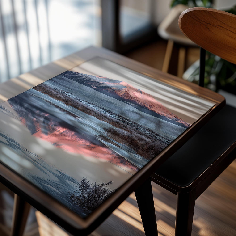 Mountain reflected in a body of water with a pink and blue sky, as a premium aluminum metal print from GoMetalPrint.
